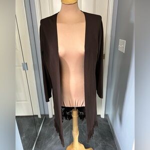 Chico's Women's Brown Cardigan Sweater Size 1 Fringe Open Front Longline Medium